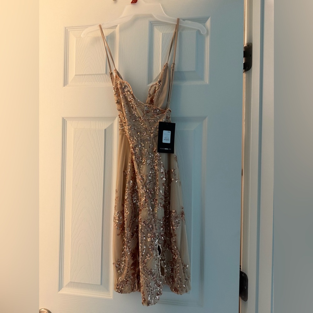 Fashion Nova Cream and Gold Slip Dress for Prom